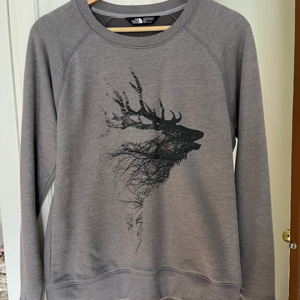 The North Face Gray Crewneck Sweater with Deer Graphic